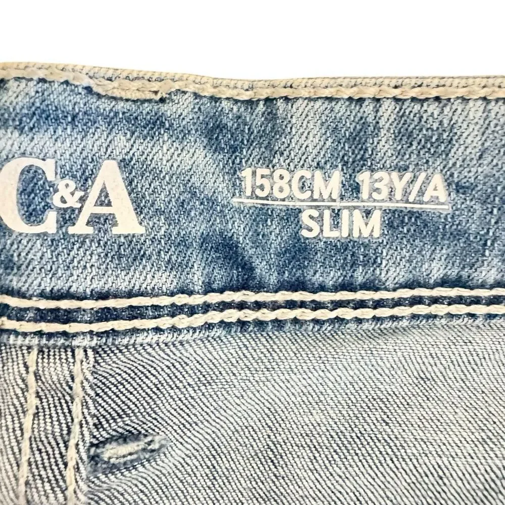 C & A Slim Blue Denim Boys Adjustable  Waist Fly Jeans Shorts Sz 13 #2494